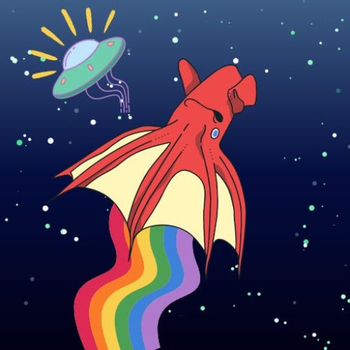 Graphic of a vampire squid flying on a rainbow in outer space